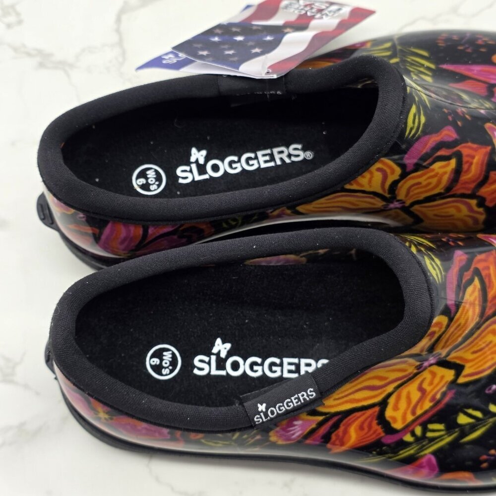 Sloggers Rain Shoes Garden Boots Women 6 Waterproof Slip on Black Floral Low NEW - Picture 6 of 10